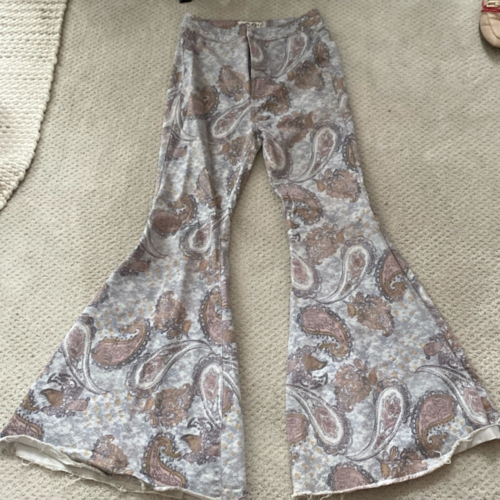 Free People Paisley Flare Wide Leg Jeans in Taupe and Pink